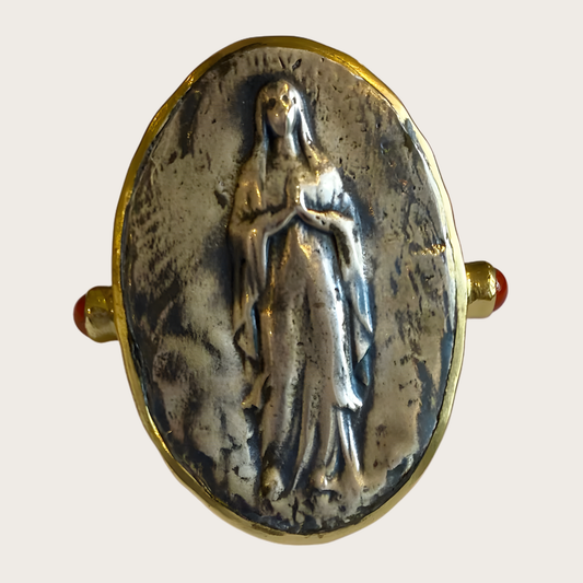 Oval Antiqued Brass Embossed Virgin Mary Statement Adjustable Ring with Rubies