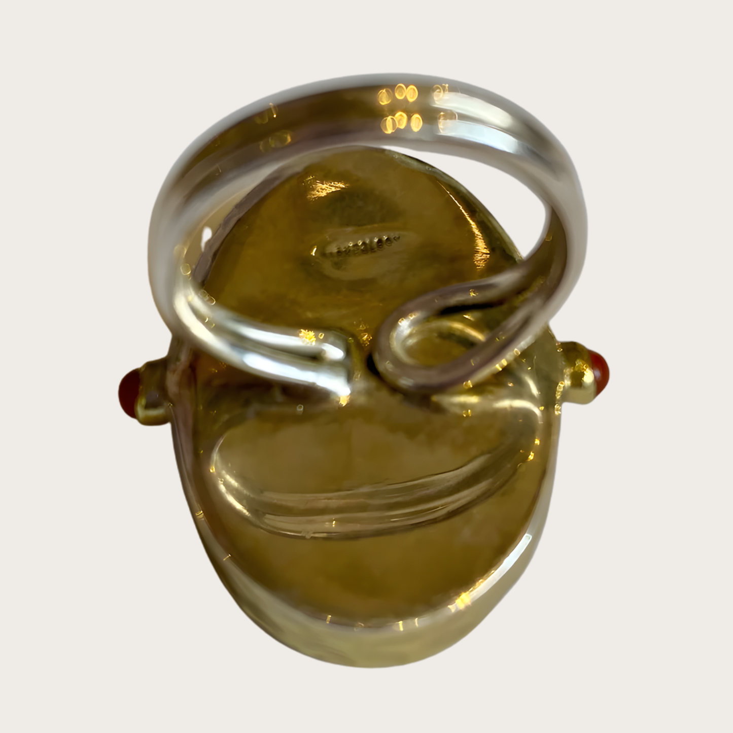 Oval Antiqued Brass Embossed Virgin Mary Statement Adjustable Ring with Rubies