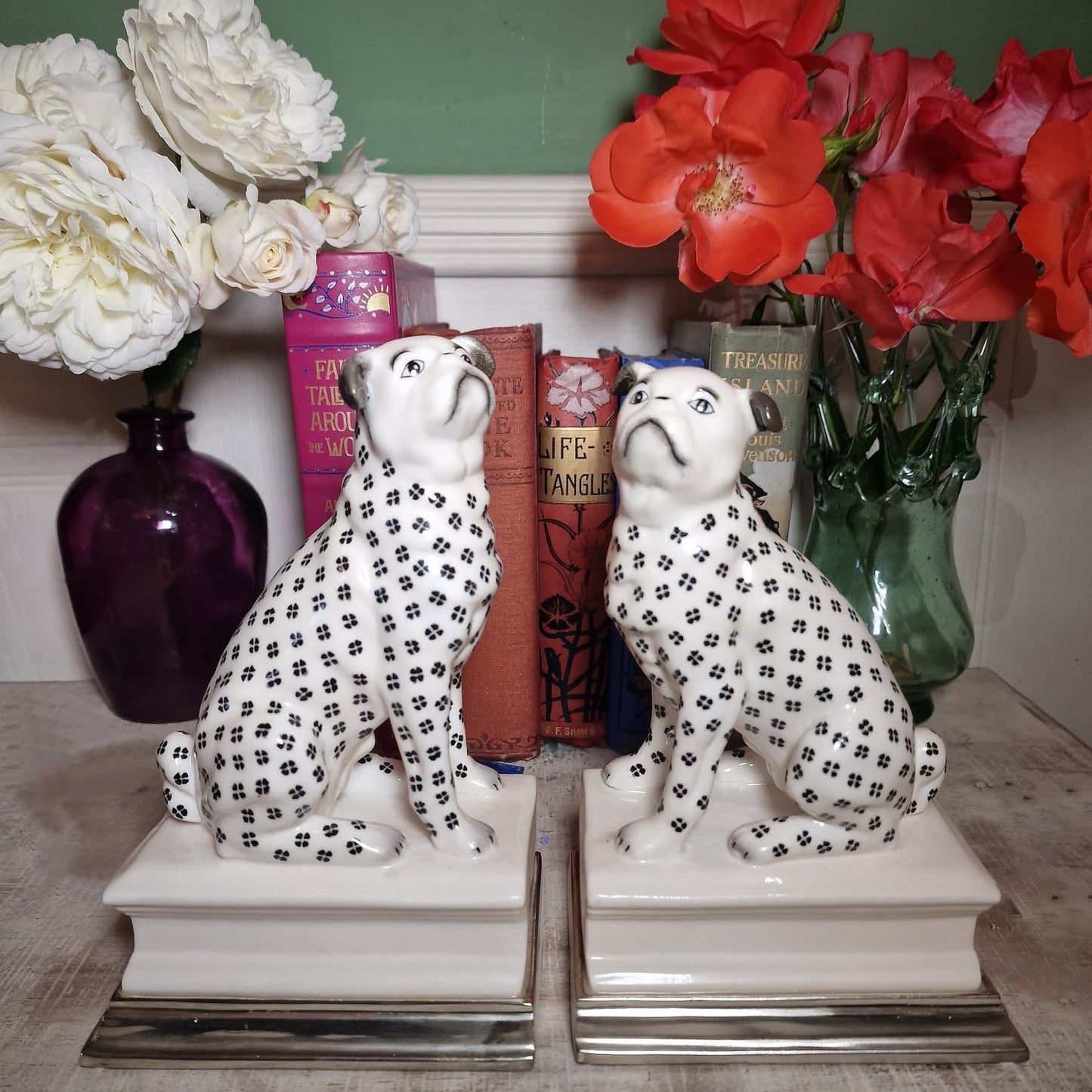 Porcelain and Silver Plated Spotted Pug Dog Bookends, Hand painted, Silver Plated