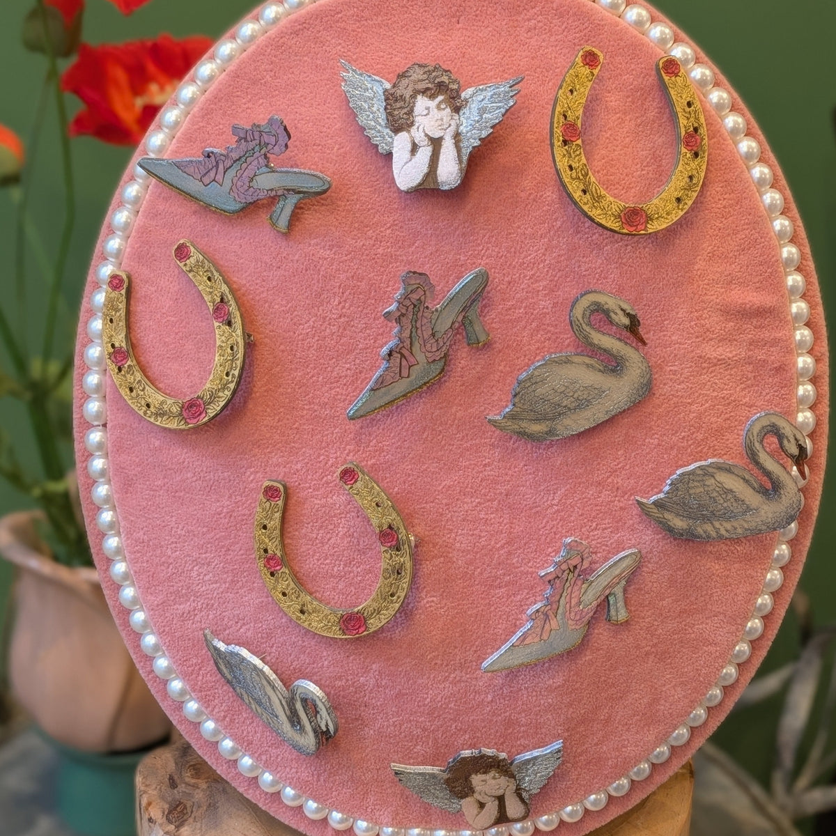 Shimmering Metallics, Engraved Wood, Swan Brooch