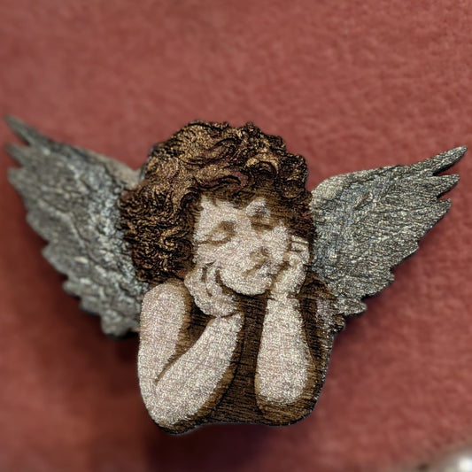 Shimmering Metallics, Engraved Wood Cherub Brooch