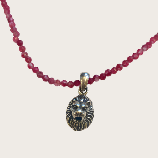 Ruby Gemstone Crystal Necklace with Sterling Silver Lion Head Pendant Charm