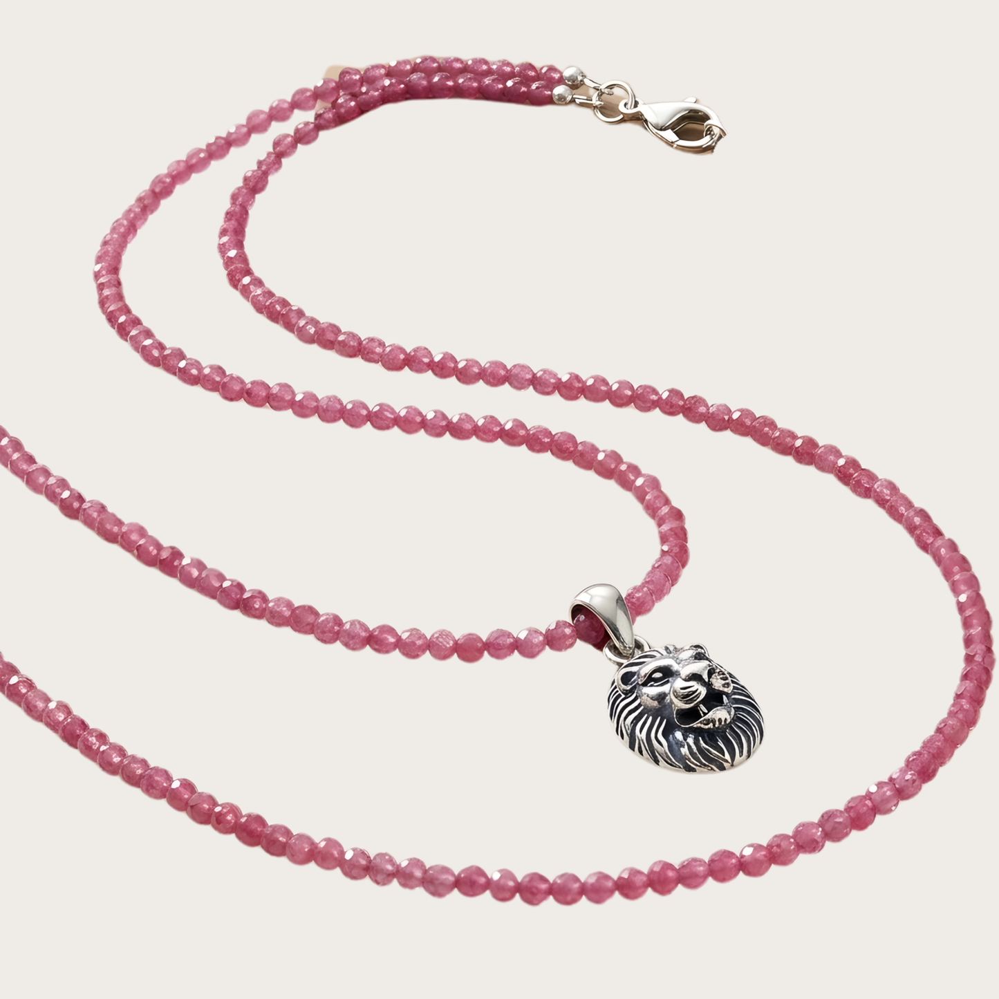 Ruby Gemstone Crystal Necklace with Sterling Silver Lion Head Pendant Charm