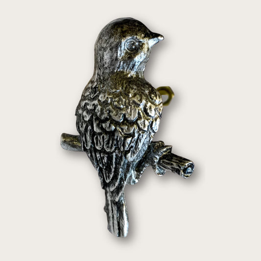 Silver Toned Bird Perched on Branch Drawer Knob