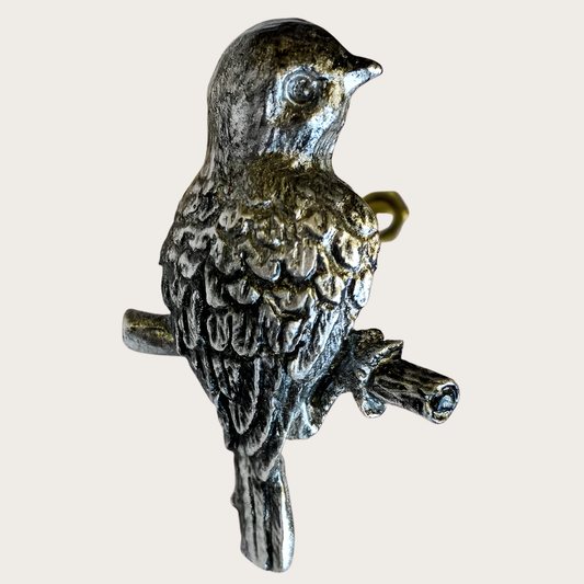 Silver Toned Bird Perched on Branch Drawer Knob