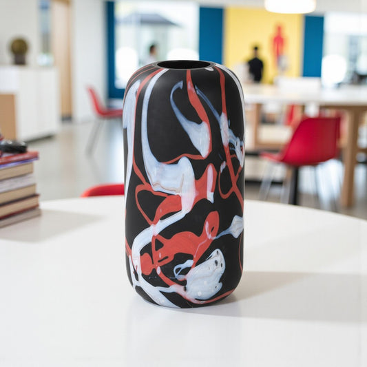 Black Glass Vase with Red and White Paint Lines