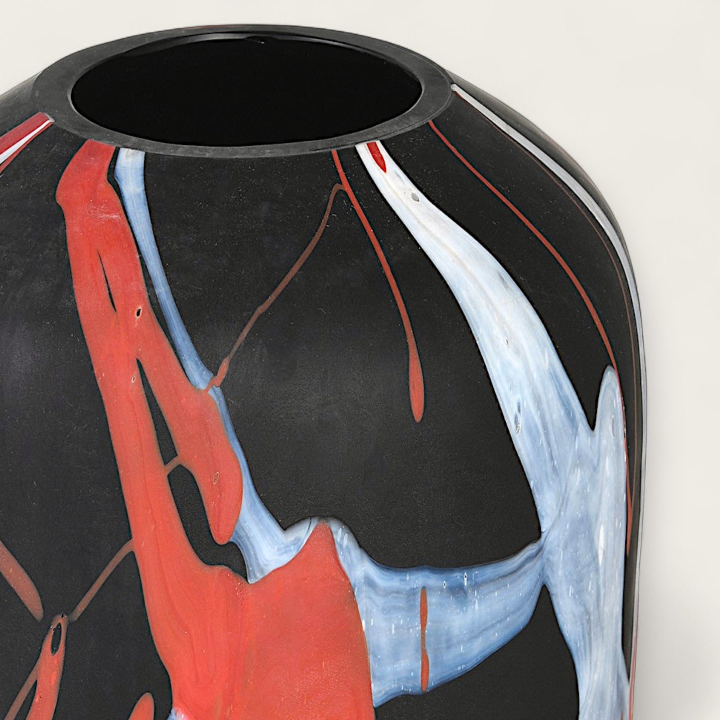Black Glass Vase with Red and White Paint Lines