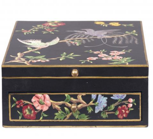Toleware Style Black Lyre Bird Design Vanity Mirror with Storage
