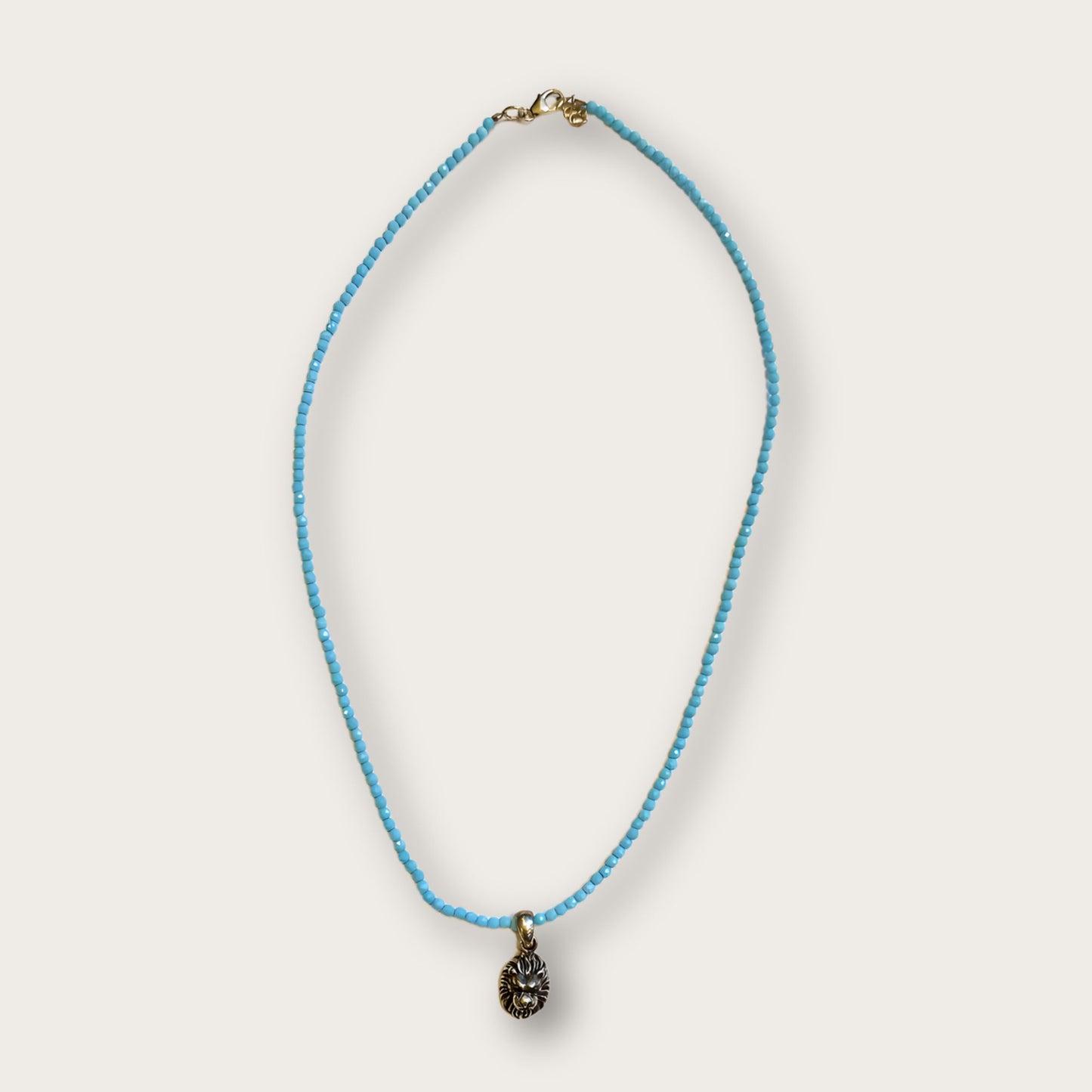 Turquoise Beaded Crystal Gemstone Necklace with Sterling Silver Lion Head Pendant Charm