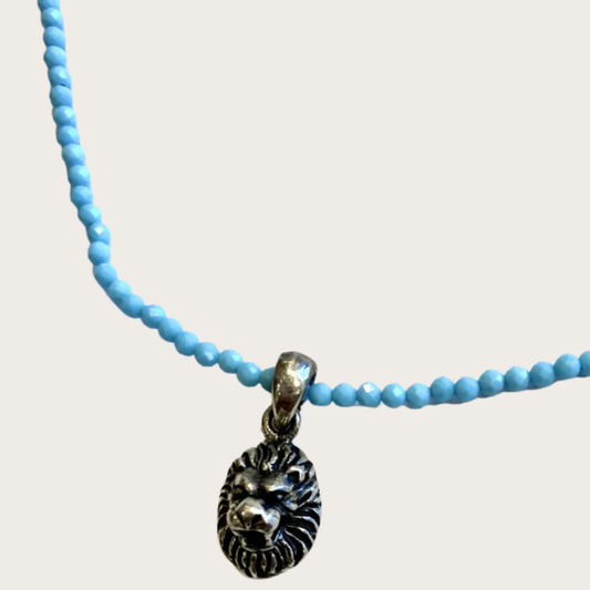 Turquoise Beaded Crystal Gemstone Necklace with Sterling Silver Lion Head Pendant Charm