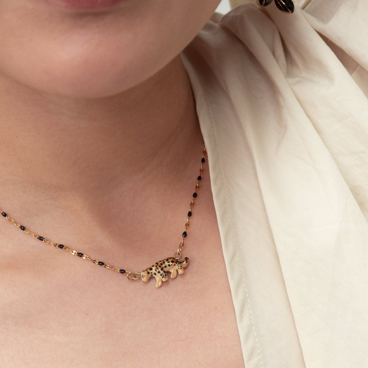 Nach Porcelain Walking Leopard with Black Beads and Pearls Necklace, Handmade, Hand Painted