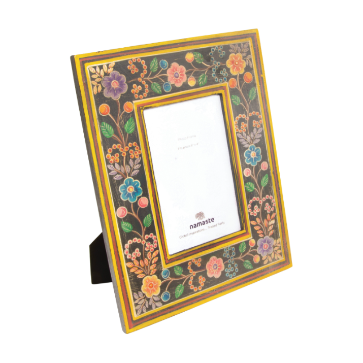 Hand Painted Wooden Photo Frame, Black with Coloured Florals