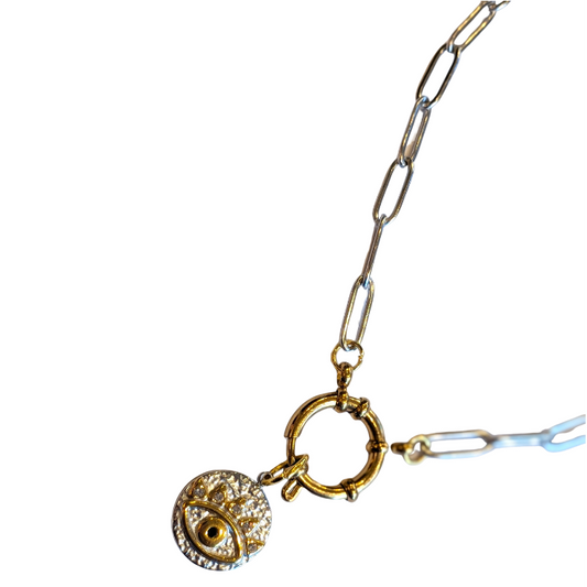 Silver Evil Eye Pendant Necklace, Paperclip Chain, 18ct Gold-Plated