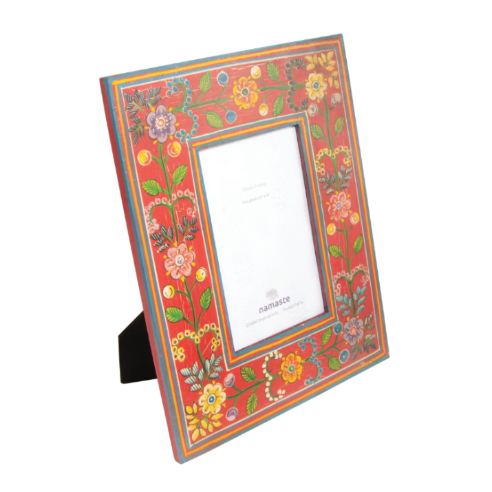 Hand Painted Wooden Photo Frame, Red with Coloured Florals