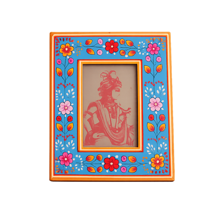 Hand Painted Wooden Photo Frame, Turquoise with Coloured Florals