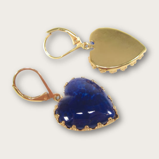 Vintage Heart Dangle Earrings, Royal Blue Lapis Glass - 60s style