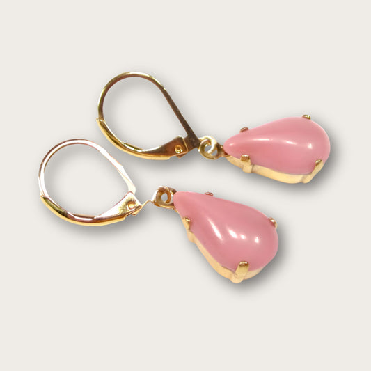 Vintage Pink Glass, Gold Plated Drop Earrings, 1960s Style