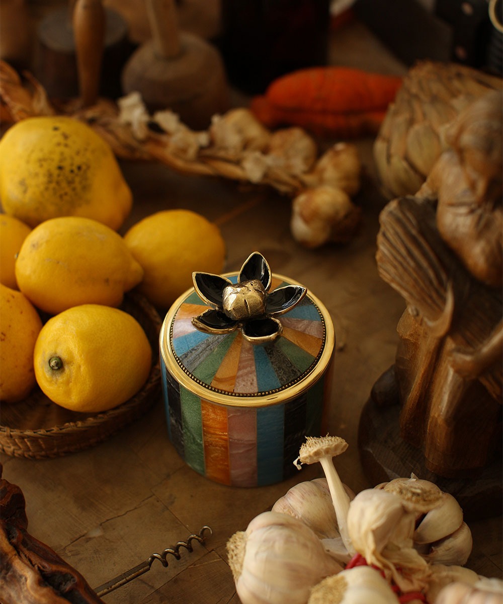 Large Multi Striped Circus Trinket Box, Brass and Resin