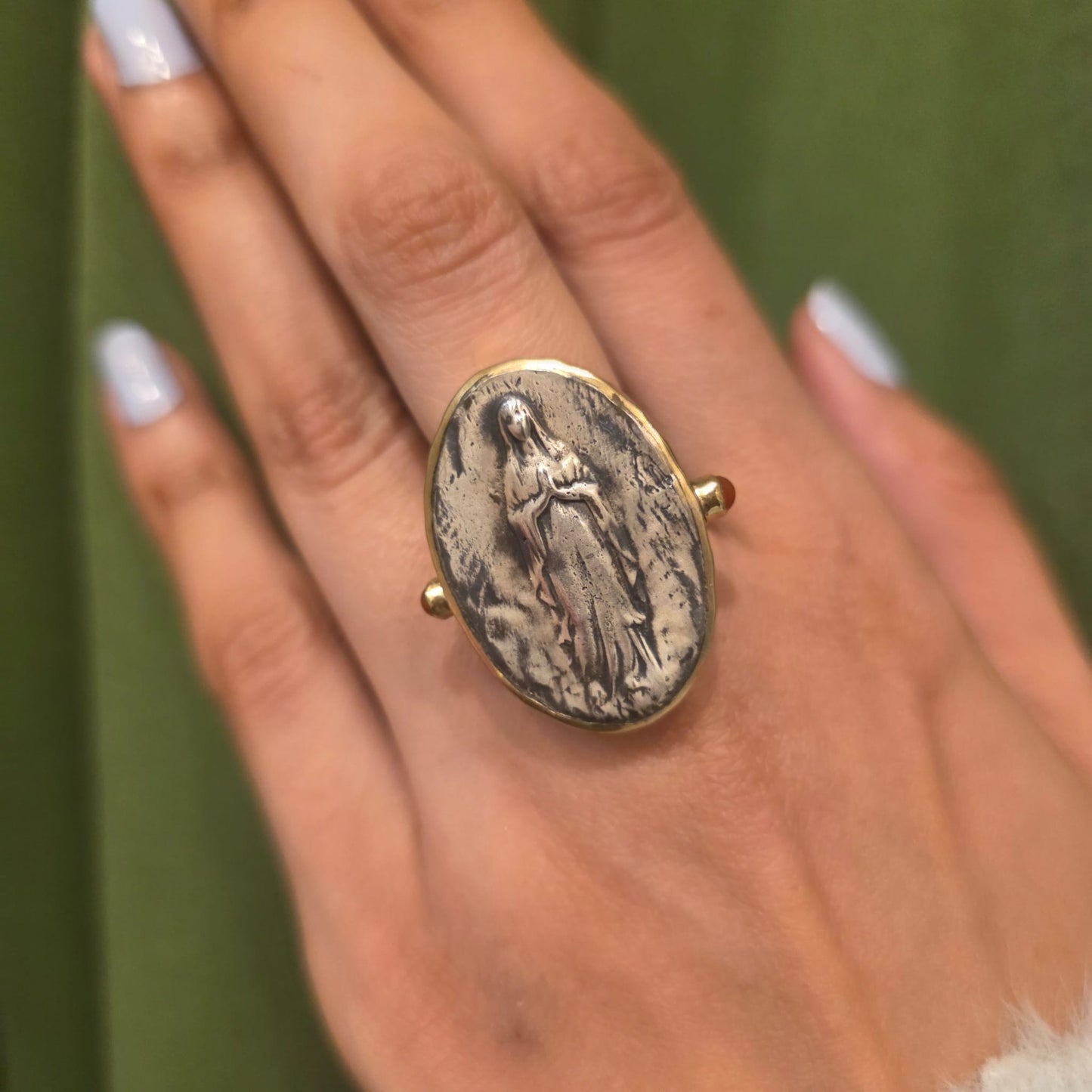 Oval Antiqued Brass Embossed Virgin Mary Statement Adjustable Ring with Rubies