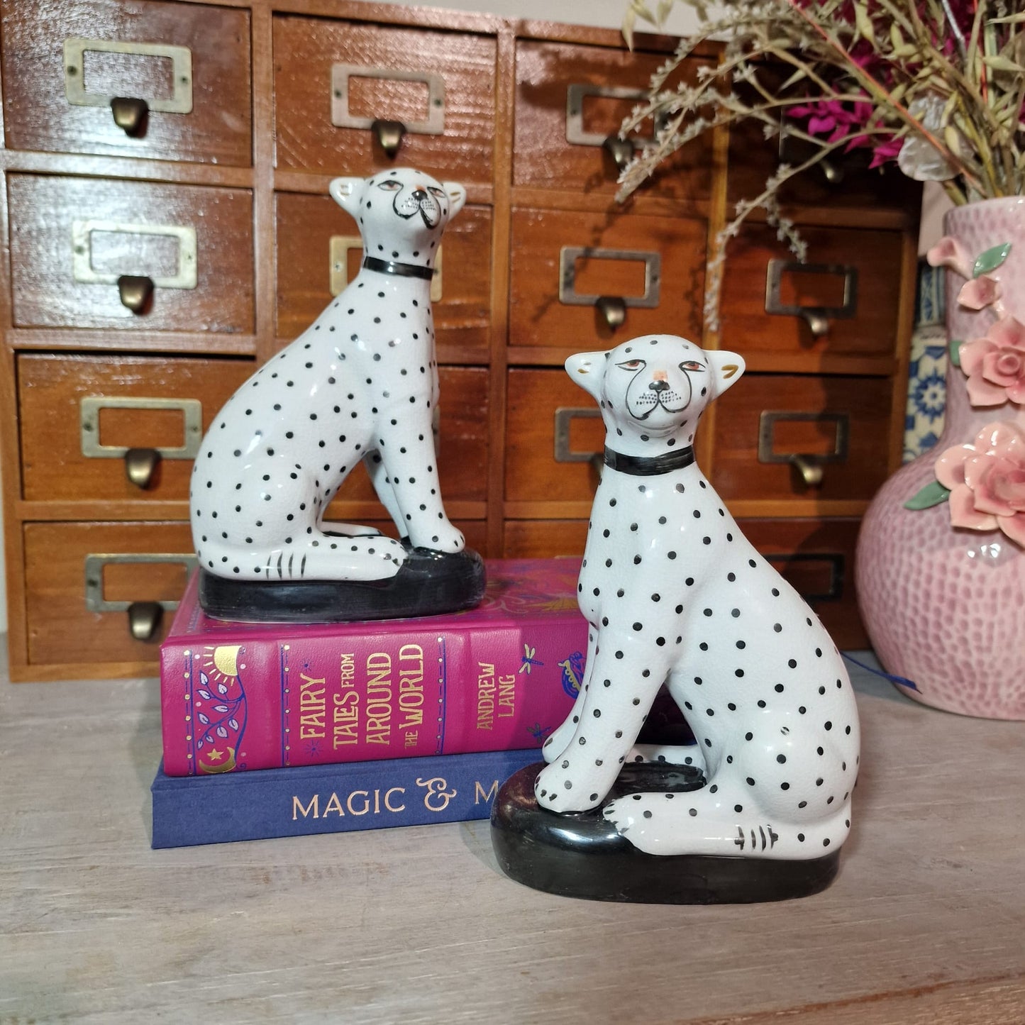 Set of Two Porcelain Sitting White Leopards Ornament, Hand Painted