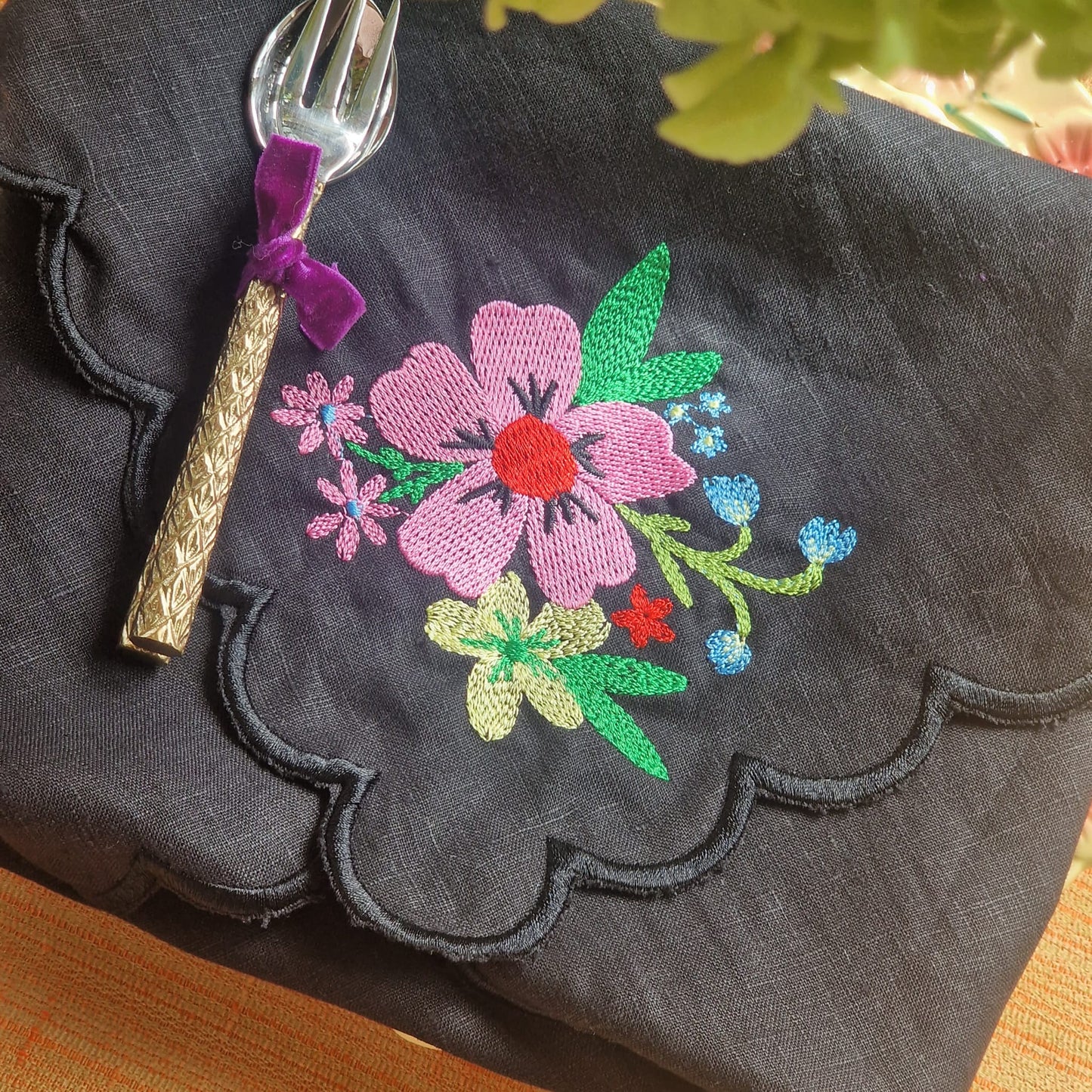 French Linen Black Embroidered Scallop Edged Napkins, Set of Four