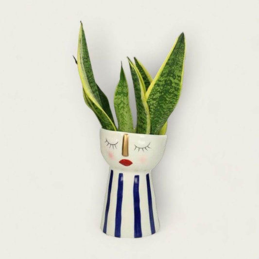 Quirky Face Blue Striped Vase image 1