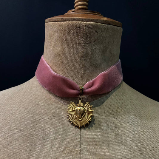 Ex-Voto Sacred Heart Choker on Pink Velvet Ribbon, Stainless Steel, Gold Plated
