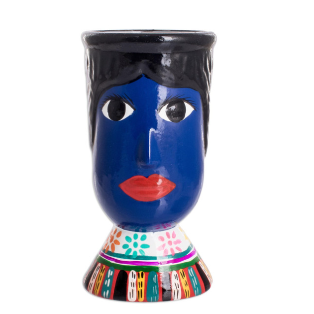 Handmade Blue Ceramic Head Vase