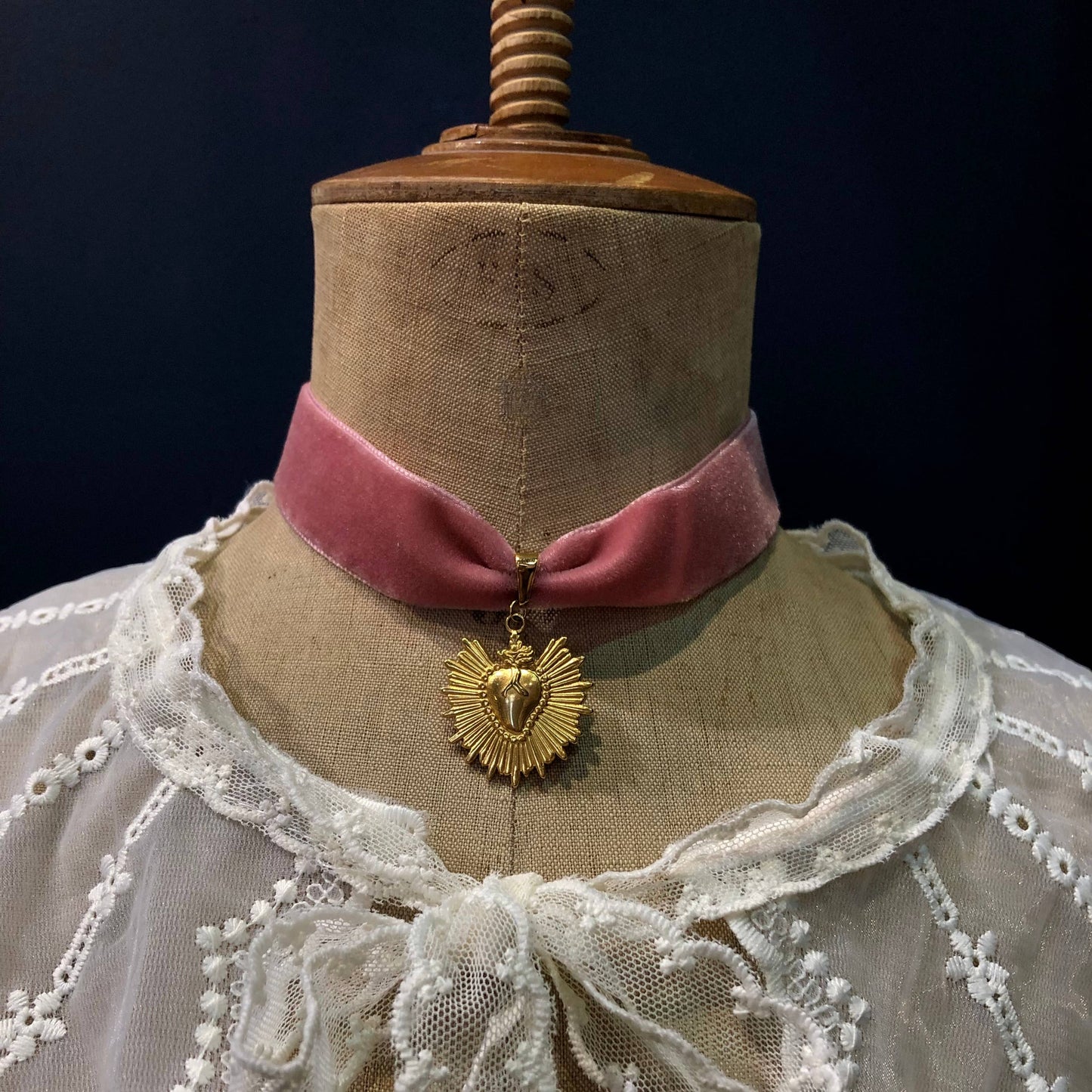 Ex-Voto Sacred Heart Choker on Pink Velvet Ribbon, Stainless Steel, Gold Plated