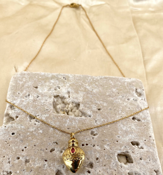 Gold Plated Pendant Necklace with Red Crystal, Gold Plated Brass Chain