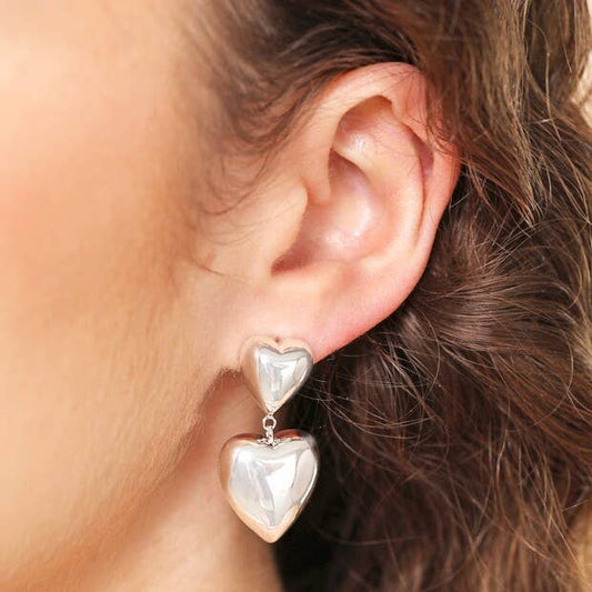 Silver Plated Chunky Double Heart Drop Earrings