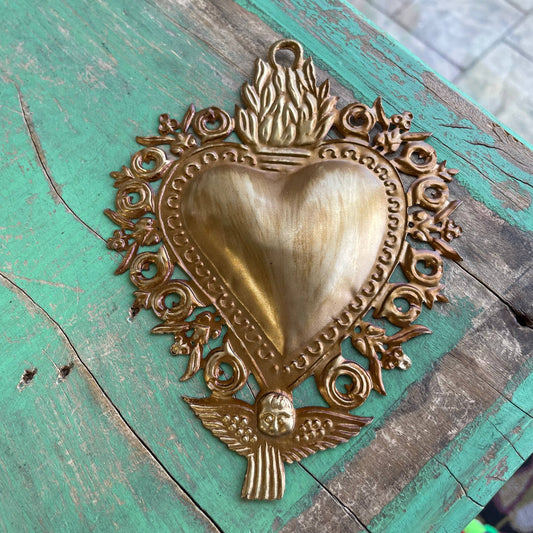 Antique Inspired Hanging Sacred Heart, Gold Tin