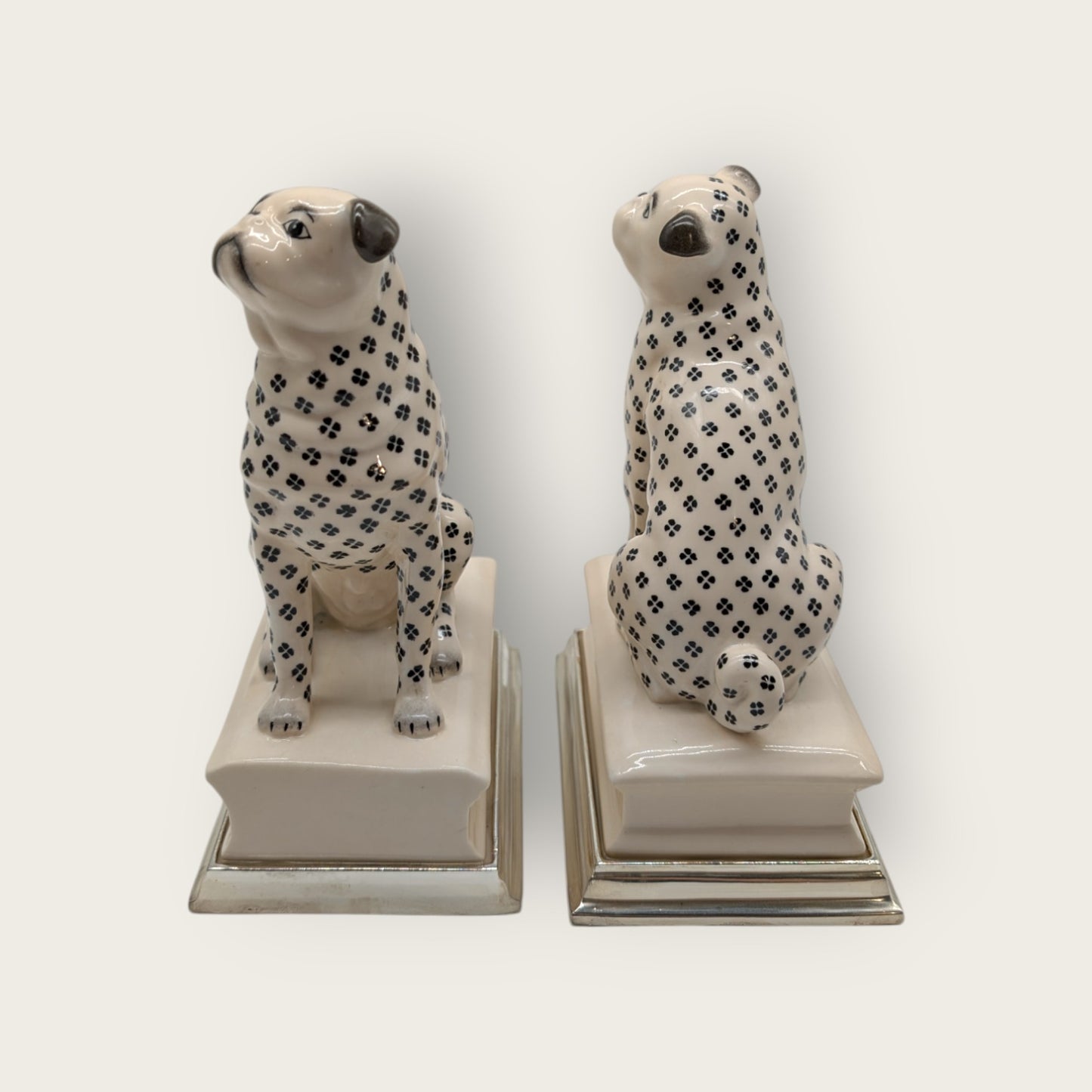 Porcelain Pug Dogs Bookends with Silver Bases, Handmade and Hand-Painted