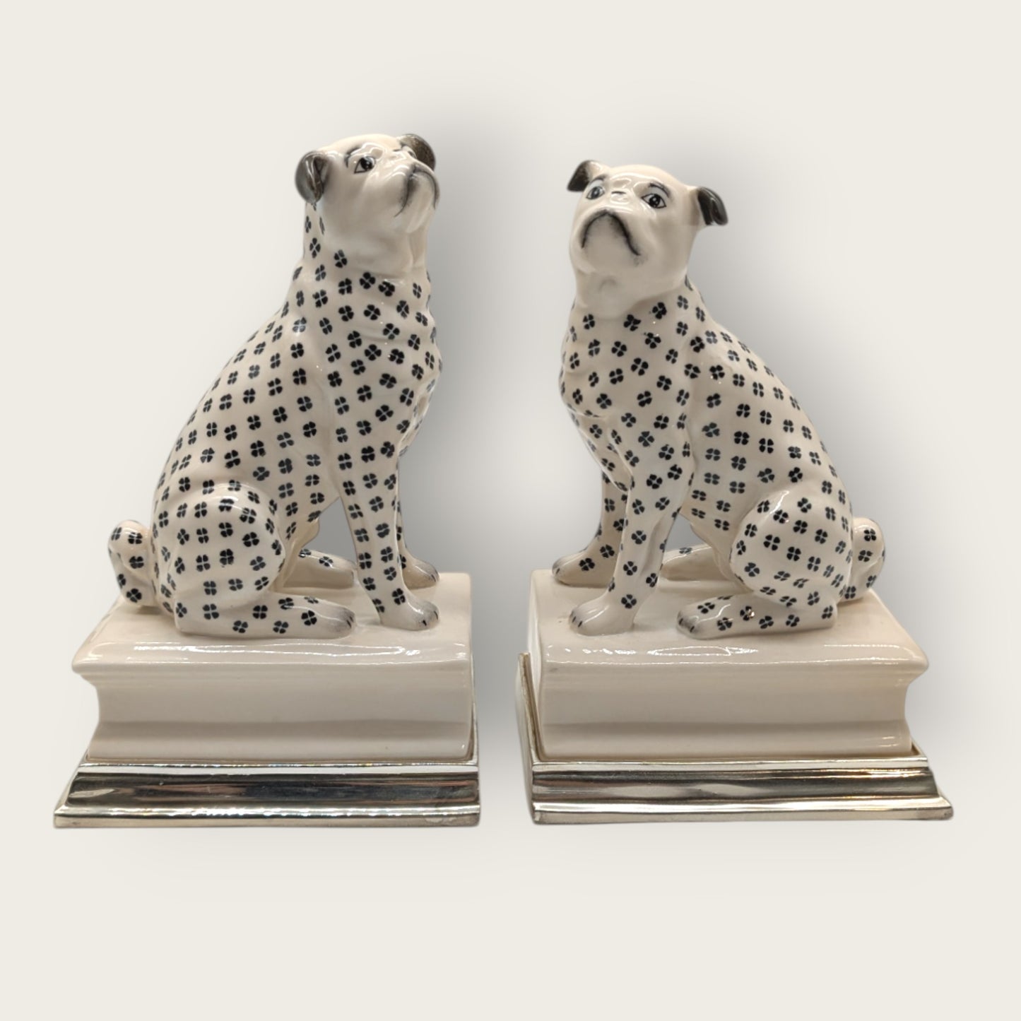 Porcelain Pug Dogs Bookends with Silver Bases, Handmade and Hand-Painted