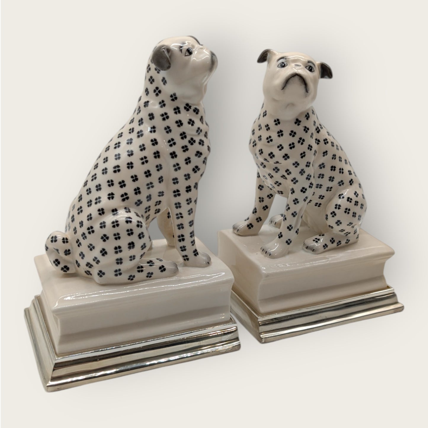 Porcelain Pug Dogs Bookends with Silver Bases, Handmade and Hand-Painted