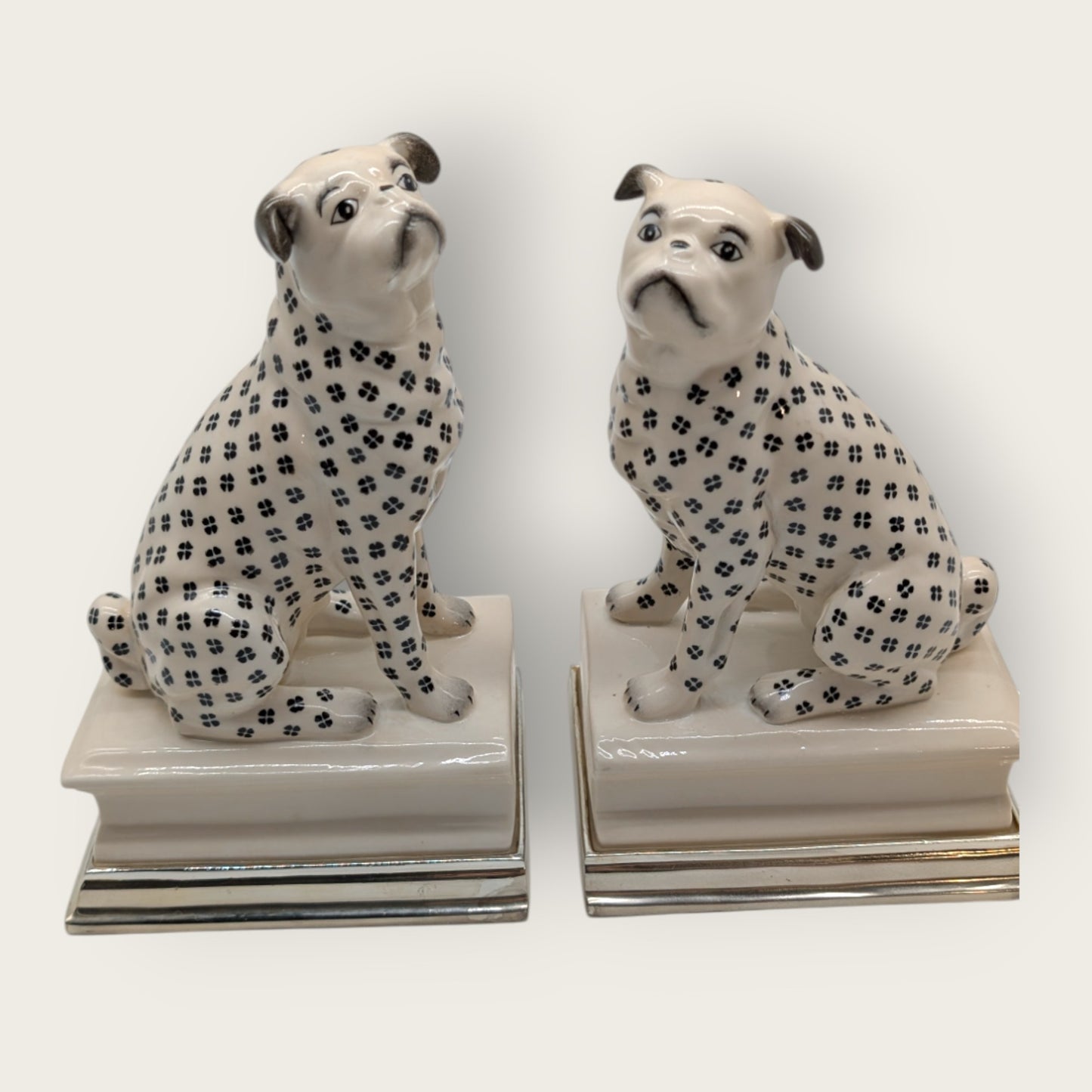 Porcelain Pug Dogs Bookends with Silver Bases, Handmade and Hand-Painted