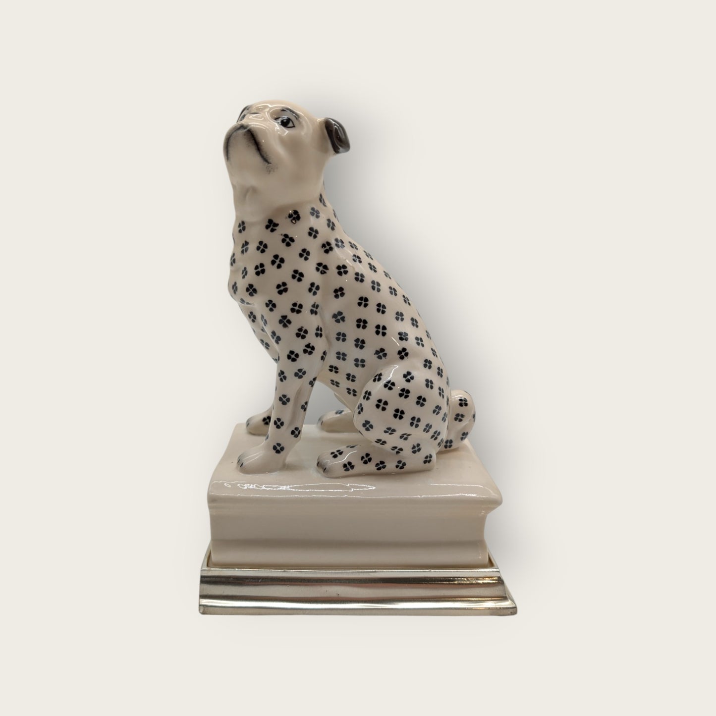 Porcelain Pug Dogs Bookends with Silver Bases, Handmade and Hand-Painted