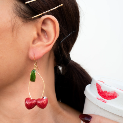 Nach Long Pendant Porcelain Cherry Chérie Earrings, Handmade, Hand Painted
