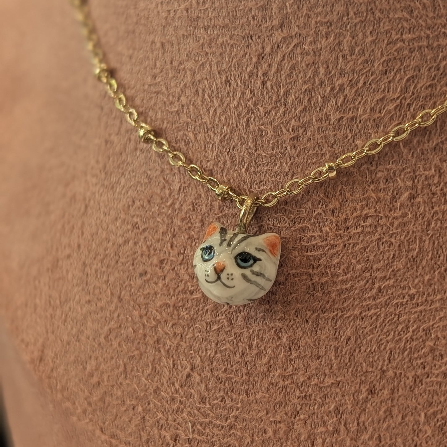 Nach Porcelain Tabby Cat Necklace, Handmade and Hand-Painted