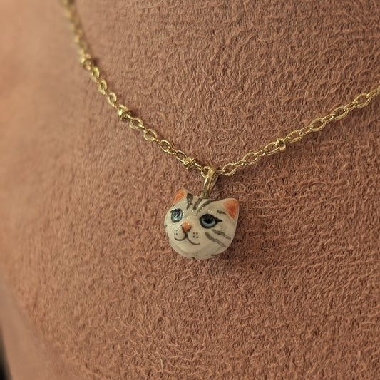 Nach Porcelain Tabby Cat Necklace, Handmade and Hand-Painted