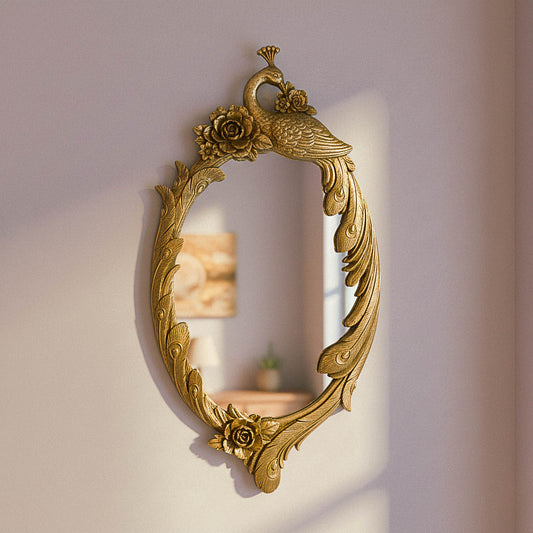 Gold Tone Ornate Oval Peacock and Flower Framed Mirror