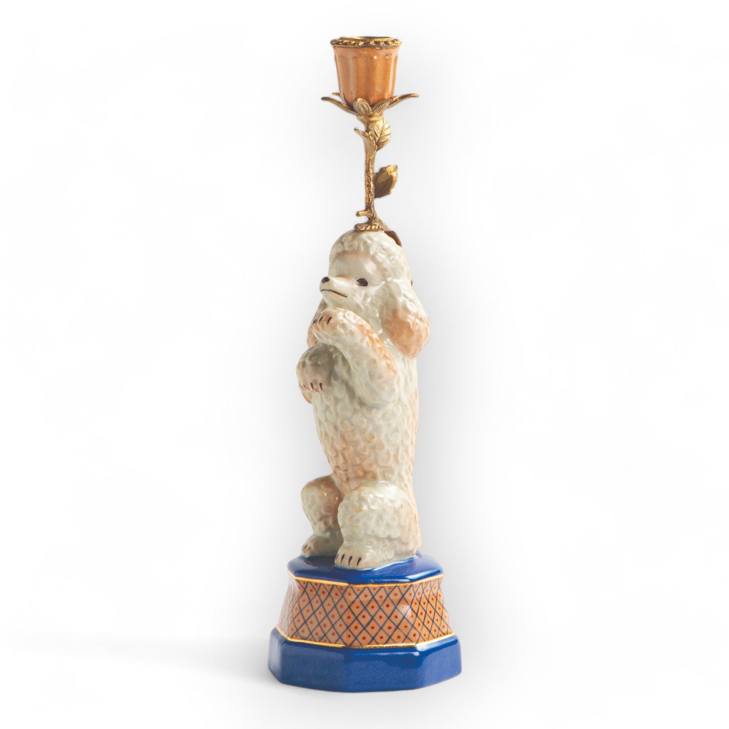 Decorative candle holder with a poodle design on a white background