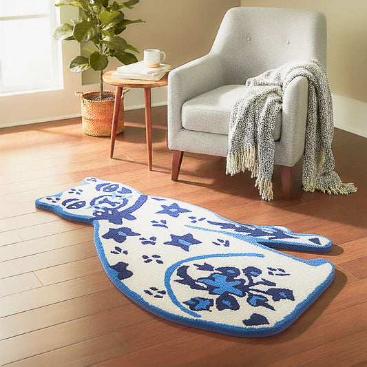 Large Blue and White Cat Wool Rug, Hand Tufted