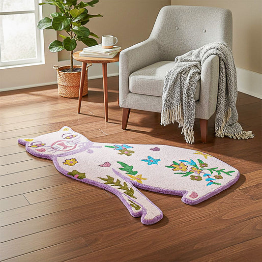 Large Pink Cat Wool Rug with Colourful Florals, Hand Tufted
