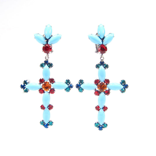 Vintage Large Swarovski® Crystals Statement Cross Clip-On Earrings, 1970s Style