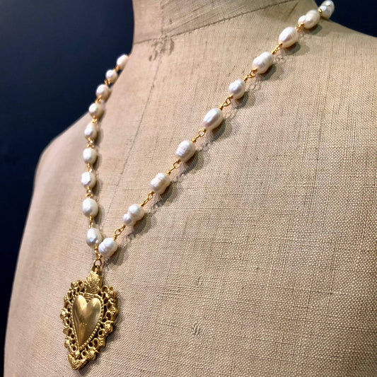 Sacred Heart Pendant Necklace with Freshwater Pearl Chain, Stainless Steel, Gold Plated