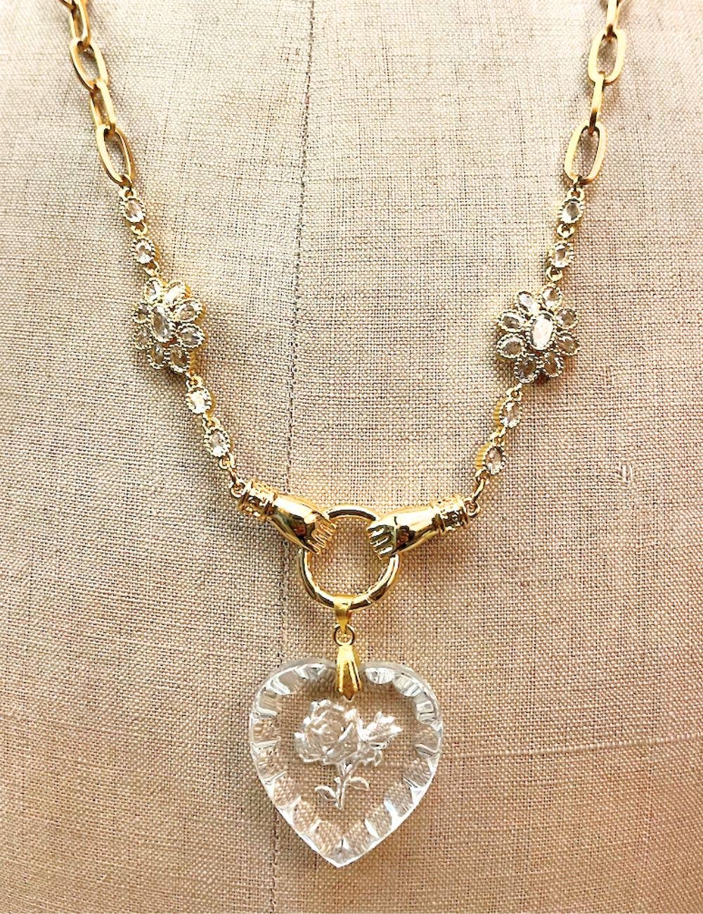 Floral Engraved Vintage Glass Necklace with Two Flower Shaped Connectors, Stainless Steel Chain, Gold Plated