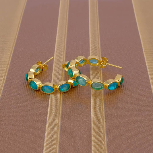 Blue Topaz Handmade Oval Gold Plated Hoop Earrings