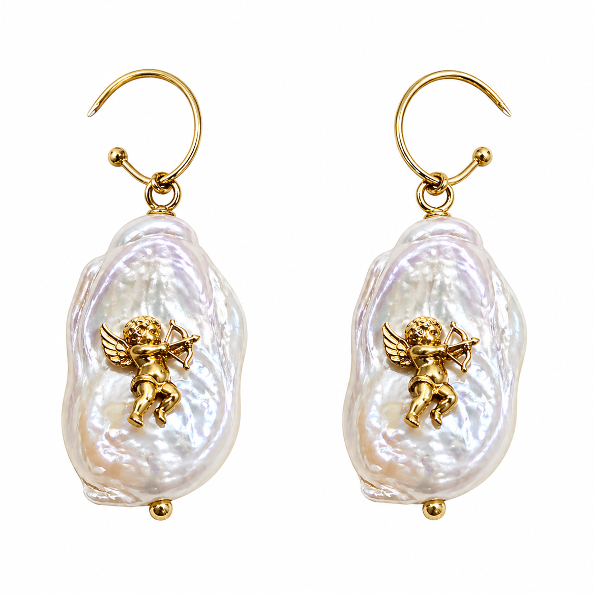 Baroque Natural Pearl Pendant Earrings with Vintage Brass Angel, Stainless Steel, Gold Plated