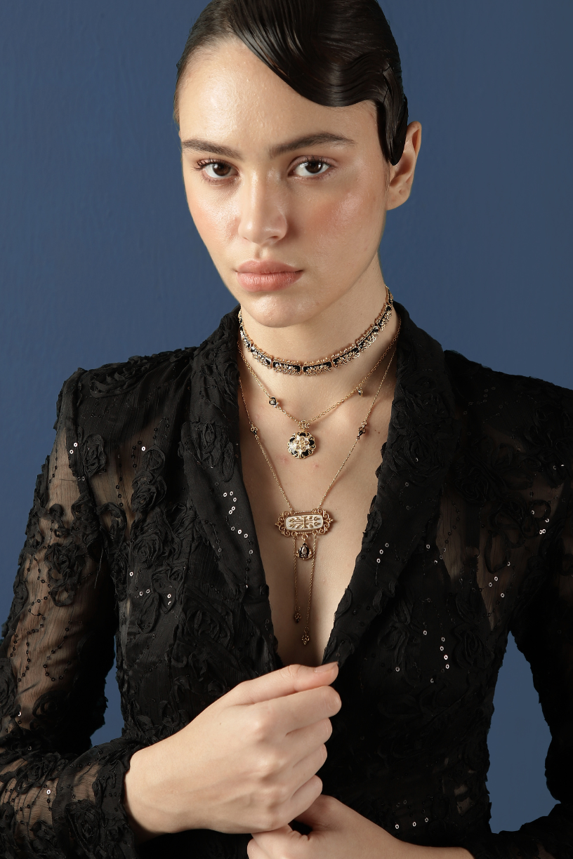 Baroque Black Enamel, 18k Gold Plated with Crystals Filigree Choker